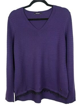 Olsen Purple V-Neck Long Sleeve Ribbed Knit Sweater with Guipure Lace Trim